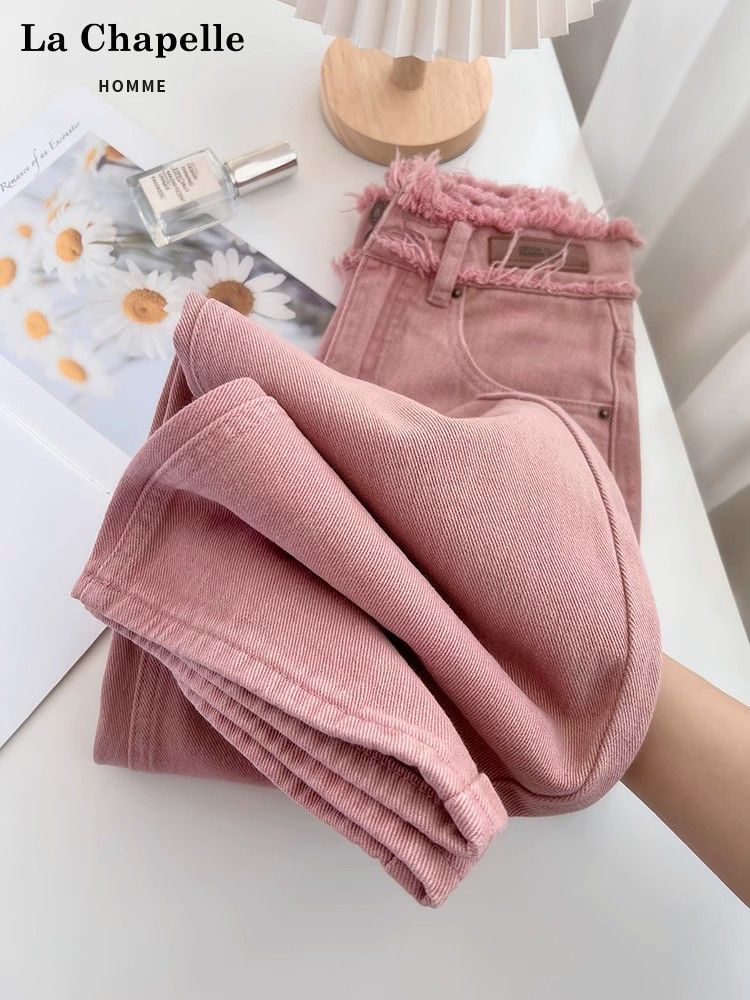 Pink raw edge jeans for women 2023 autumn new high-waisted wide-leg American European and American style slimming and drapey pants