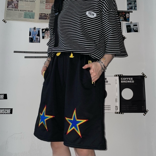 [Real shot embroidery] Five-pointed star patch embroidery summer loose drawstring shorts five-point pants