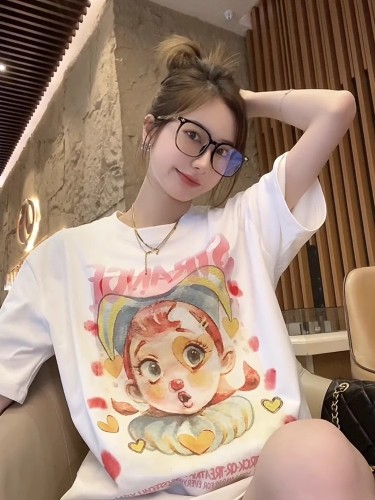 [Tmall/Quality] Combed tightly, heavy cotton, cute clown print, short-sleeved T-shirt for women, trendy