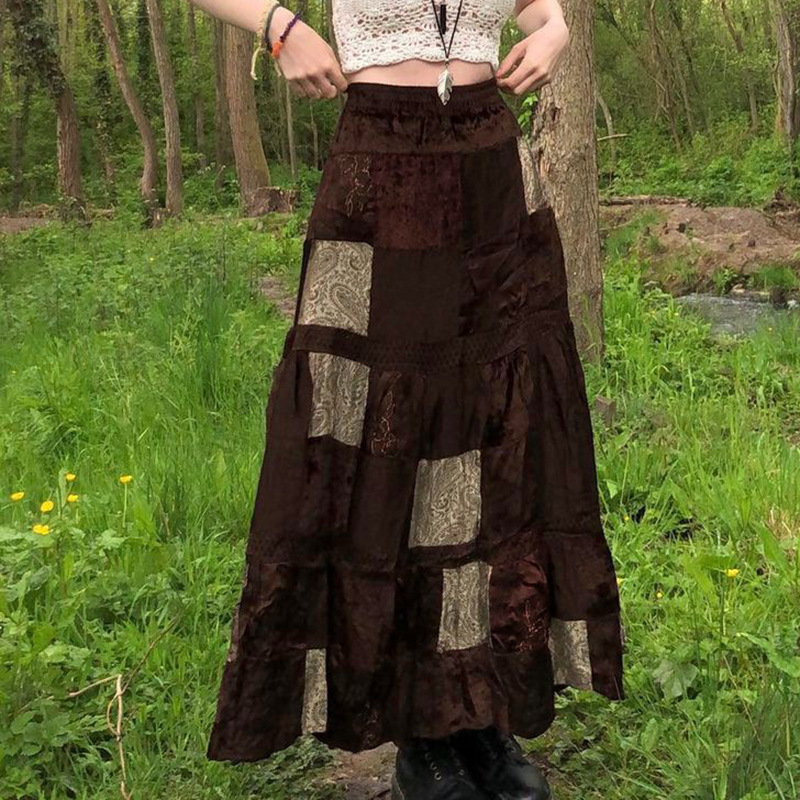 Retro European and American contrasting color splicing velvet skirt spring and autumn cross-border Amazon INS style new A-line long skirt