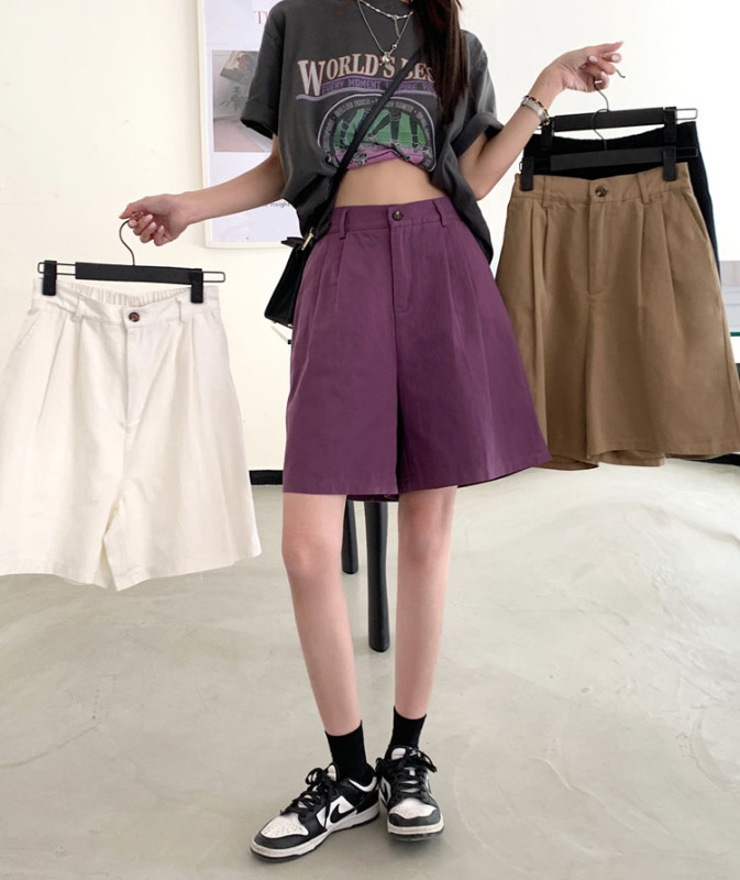 實拍~2024新款韓版水洗棉休閒褲五分褲闊腿褲直筒短褲女