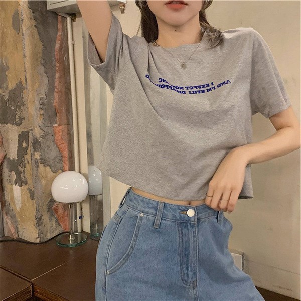 2024 Summer Korean New Style Loose Short Model Navel-Baring Letters Printed Super Hot Short-Sleeved T-Shirt Tops for Women