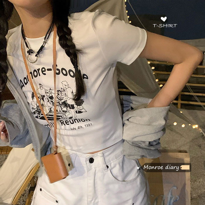 Short-sleeved T-shirt for women 2024 summer new ins trendy Korean version half-sleeved slim high waist exposed navel short style