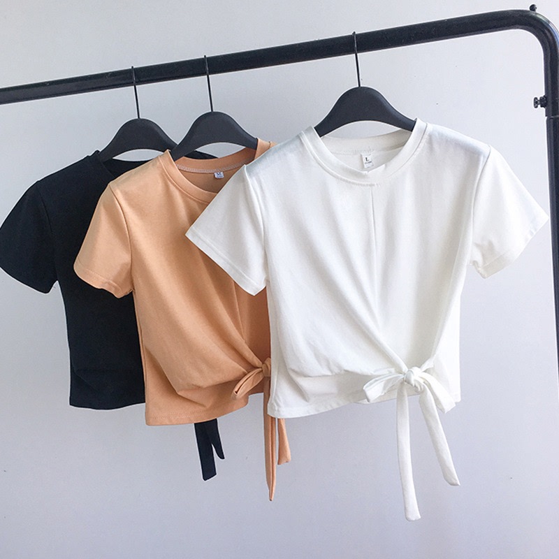 Short solid color T-shirt women's summer Korean style strappy navel-baring student short-sleeved T-shirt slim fit top