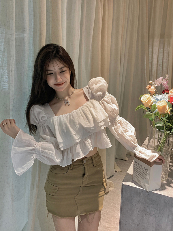 Real shot!  Waist slimming versatile top with ruffled square collar chiffon pleated puff sleeve top for women 2424