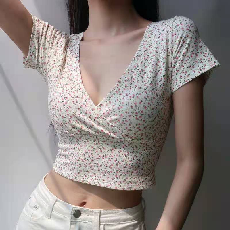 Cross-border American retro bm style floral cross v-neck tight waist slimming short navel-baring T-shirt women's top summer