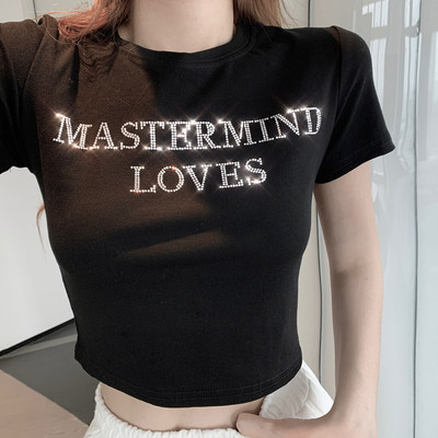 Hot diamond bottoming shirt high waist navel-baring short top women's letter slimming 2024 summer short-sleeved T-shirt women ins trend