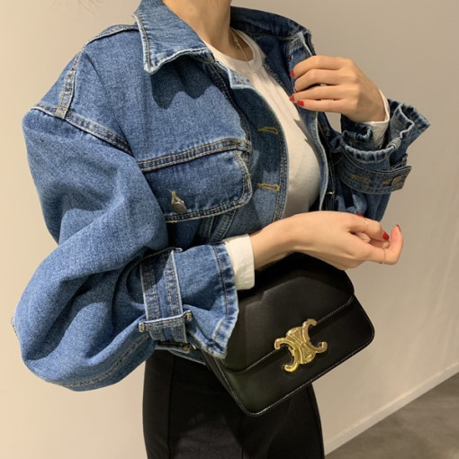 Women's elastic spliced ​​short lapel denim jacket