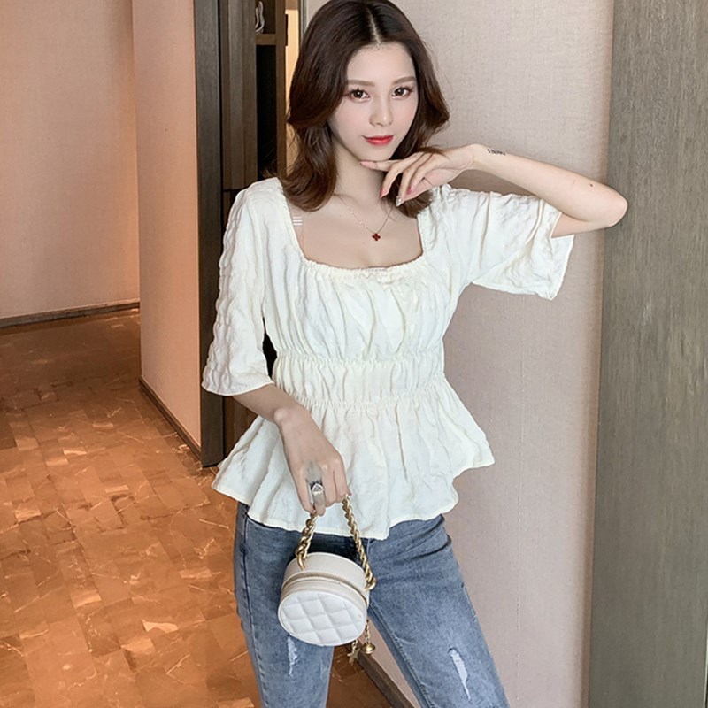 網紅半袖T恤女夏季新款韓版短袖百褶上衣服學生洋氣收腰打底小衫