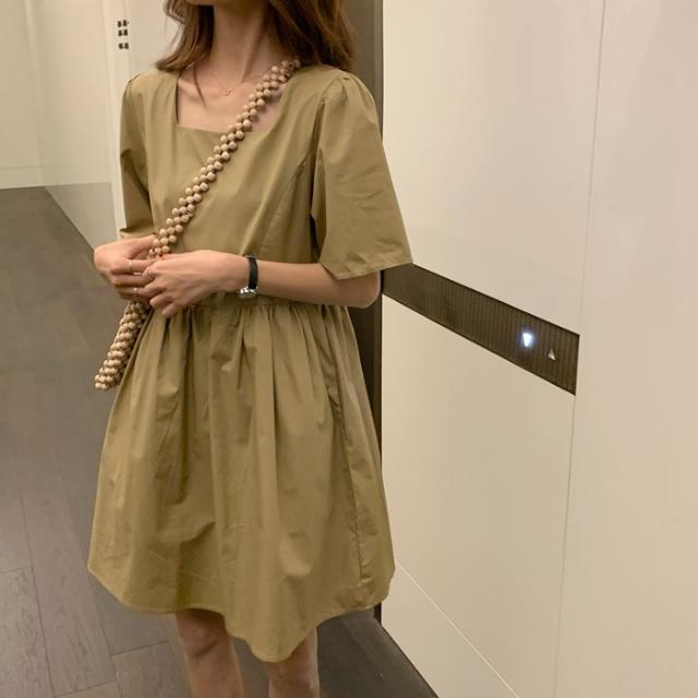 Cool Silk Cotton 2024 Summer Korean Style Loose Short Sleeve Square Neck Dress Female Student Internet Celebrity Fashion Slim Skirt
