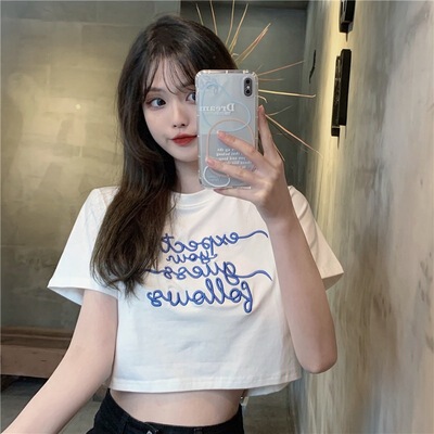 2024 letter embroidered short-sleeved T-shirt for women summer Korean style ins short high waist crop top