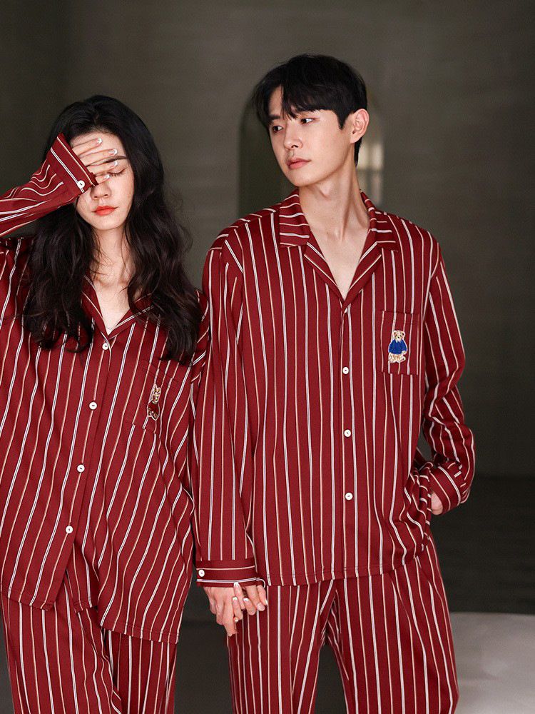 Striped couple pajamas spring and autumn lapel home clothes cute new men and women red high-end wedding natal suit