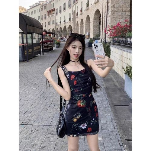 SHOPLAH Retro Floral Suspender Dress Female Hot Girl Temperament Pleated Waist Slimming Hip Skirt A-line Short Skirt