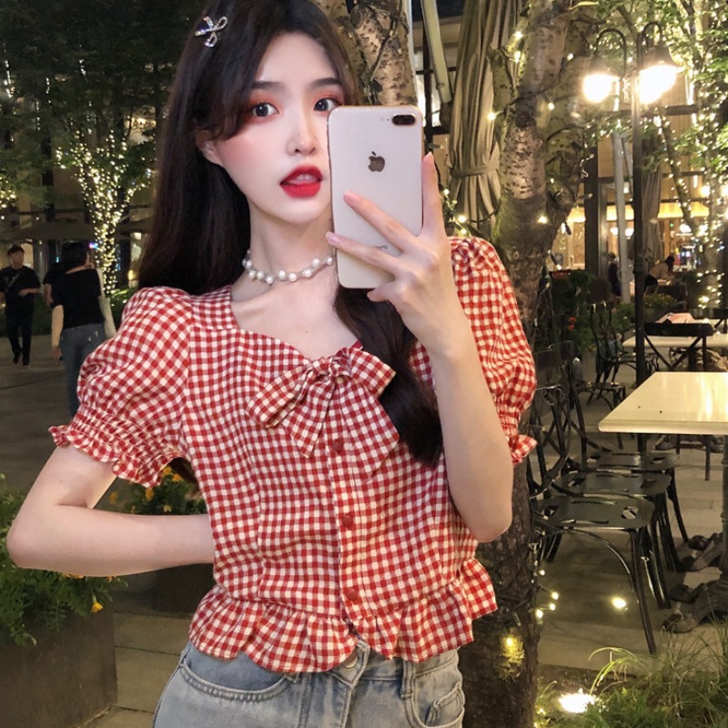 甜美別致短袖紅色格子襯衫女夏季法式設計感小眾方領短款上衣夏