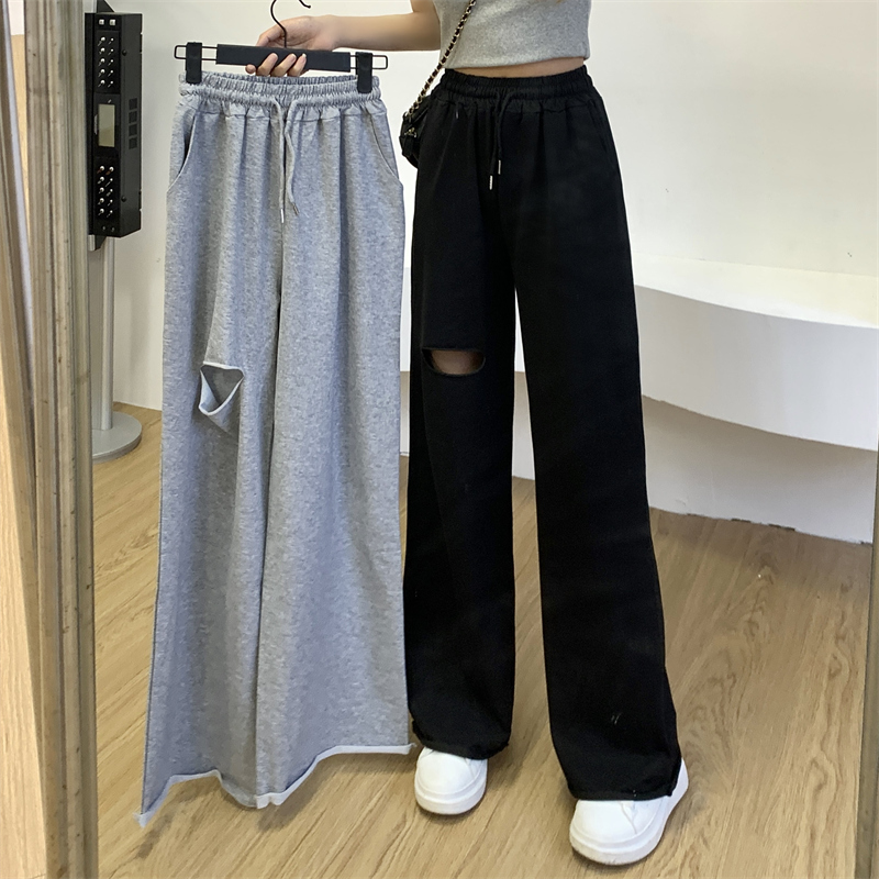 實拍  6535魚鱗夏裝闊腿褲女破洞小眾長褲拖地褲