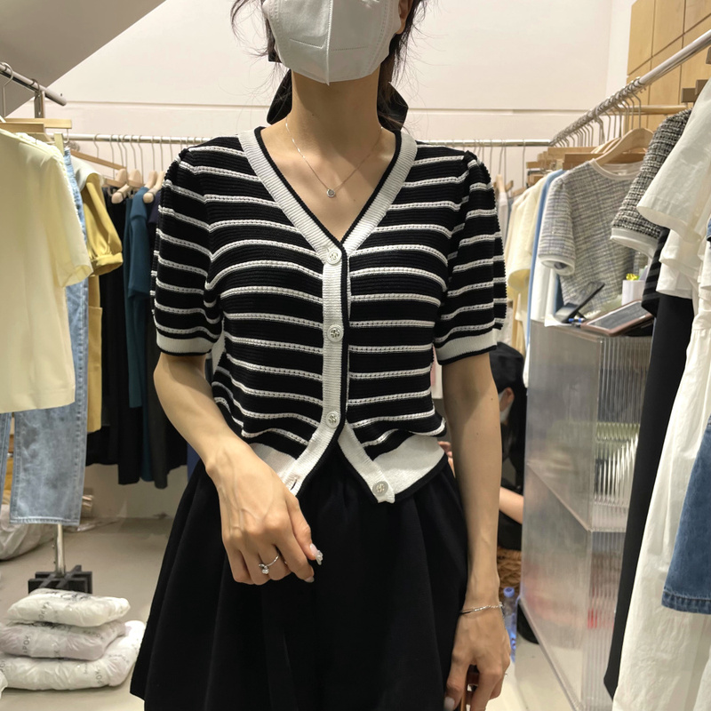 2024十三行春裝韓版新款港味復古小眾百搭V領單排扣短袖針織衫女