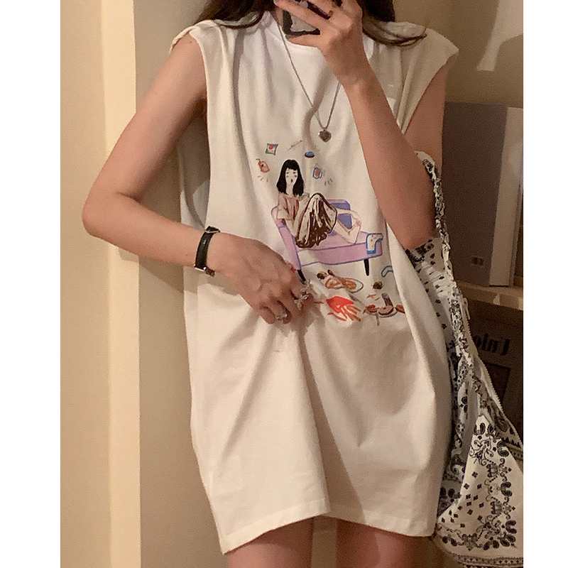 Sleeveless T-shirt women's new summer outer wear Korean style loose printed vest mid-length student top