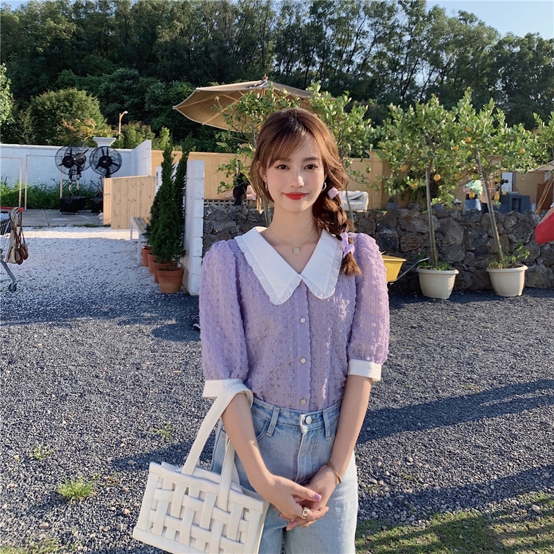 襯衫法式娃娃領泡泡袖設計感小眾短款襯衣女裝夏季香芋紫短袖上衣