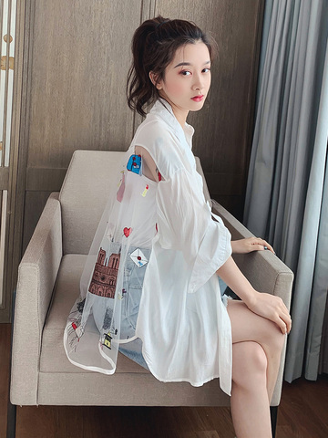 襯衫女設計感小眾2024新款夏網紅刺繡網紗拼接長袖薄款外套防曬衣
