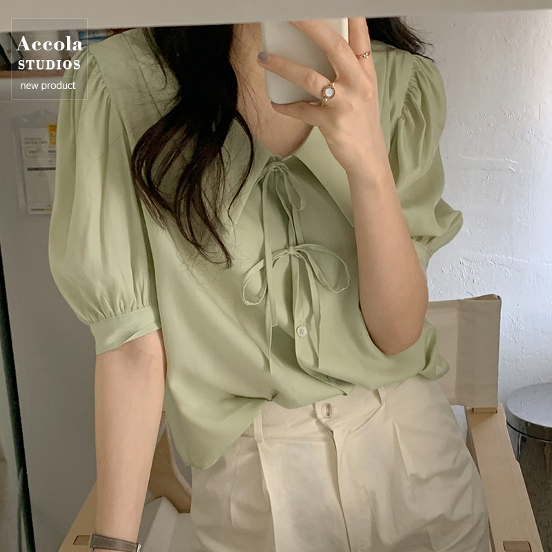 夏季法式復古小眾設計感韓系甜美氣質系帶娃娃領襯衫少女上衣百搭