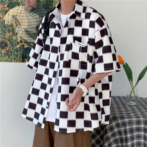 Shirt men's summer street patchwork checkerboard shirt jacket loose casual short-sleeved top trendy