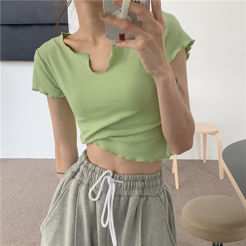 Slim collarbone T-shirt women's design v-neck short-sleeved 2024 summer short navel-baring women's top