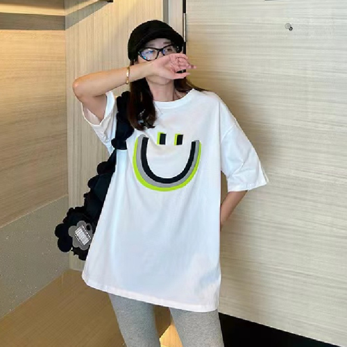 [Exclusively for Tmall] 210g pure cotton back-wrapped large size women's summer smiley face printed short-sleeved T-shirt