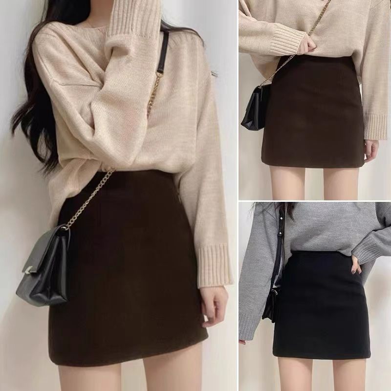 Woolen skirt women's autumn and winter 2023 new high-waist slim hip-hugging skirt versatile short skirt
