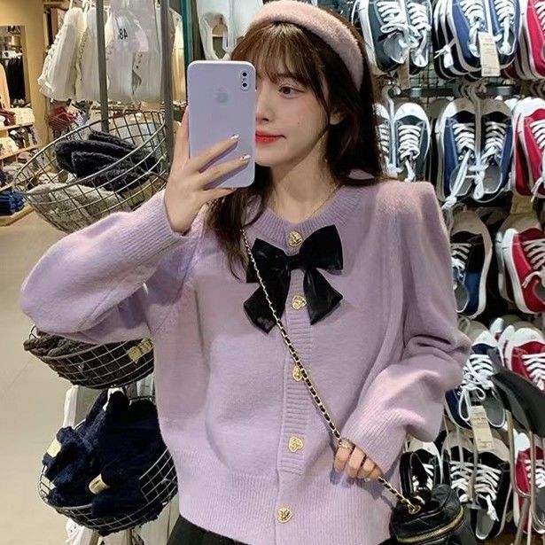 Gentle and sweet bow knitted cardigan for women 2023 new autumn style small fragrance design long-sleeved sweater jacket