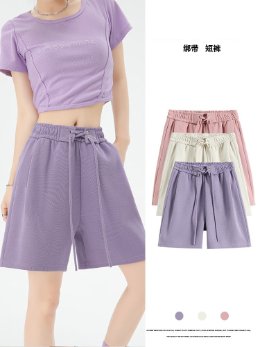 [Official Photo High Density Minnie] Sports Shorts Women's Summer Loose High-waisted Casual Wide-Leg Strappy Quarter Pants