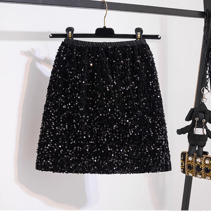 Heavy industry velvet sequined hip skirt 2024 spring new style small high waist slim skirt
