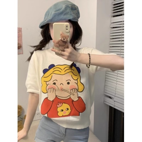 French cartoon print short-sleeved T-shirt women's summer 2024 new loose slimming short knitted bottoming top