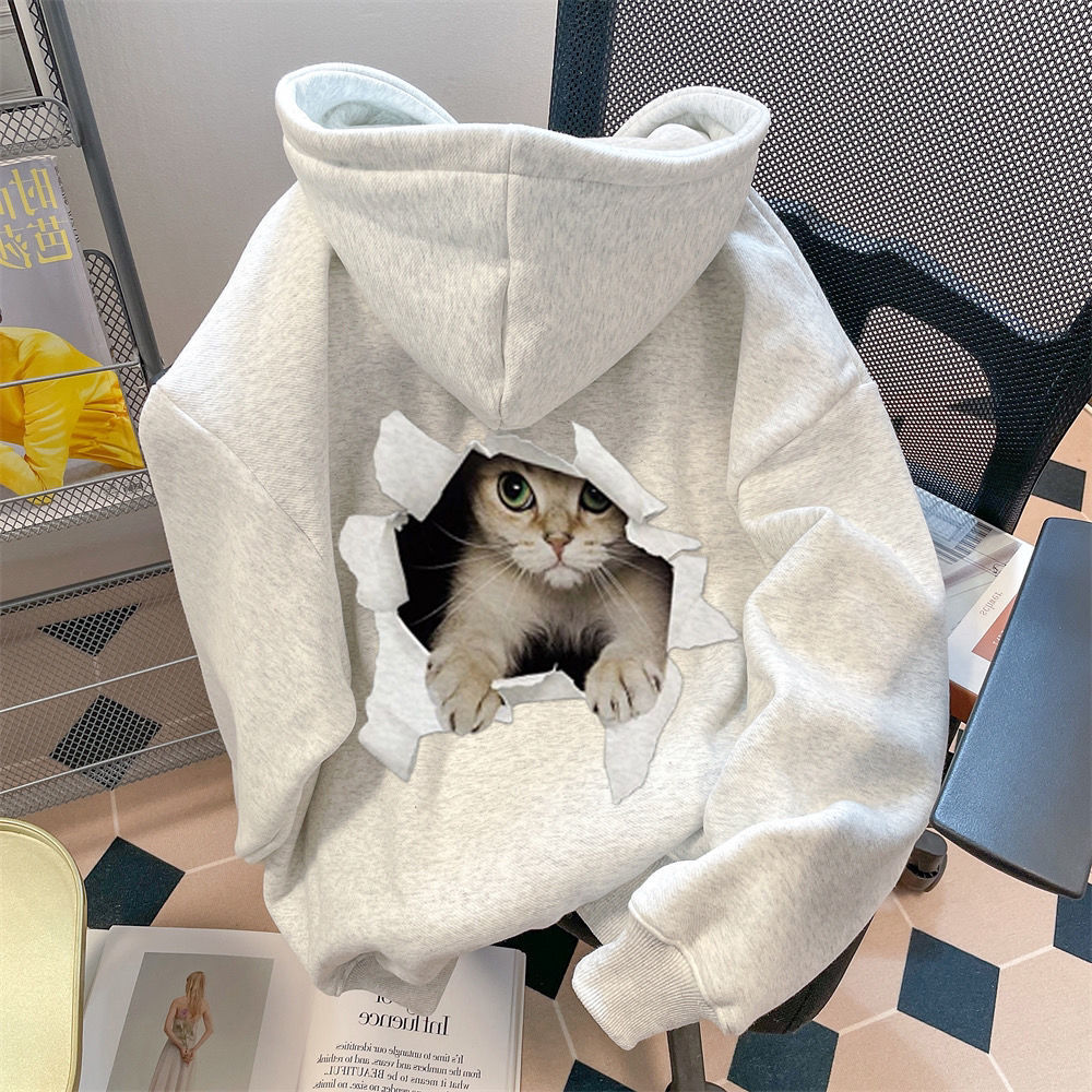 Gray trendy brand cityboy Japanese cat print sweatshirt for men and women in autumn and winter plus velvet and thickened couple hooded tops