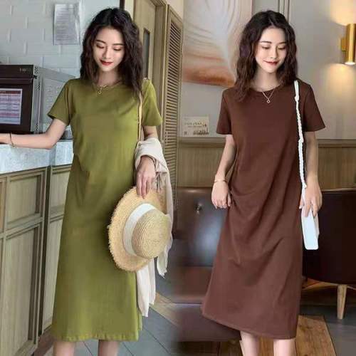 Skirt Women's 2024 Summer New Mid-Length T-shirt Skirt Loose Slimming Over-the-Knee Short-Sleeved Avocado Green Dress