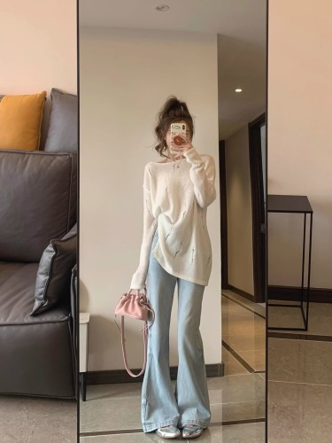 Hollow-out knitted sweater for women, thin sweater, sun protection blouse, spring and summer design, lazy style, soft waxy top