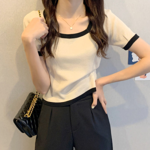 2024 new summer style chic color block square neck T-shirt thin short-sleeved ice silk sweater women's style short top ins