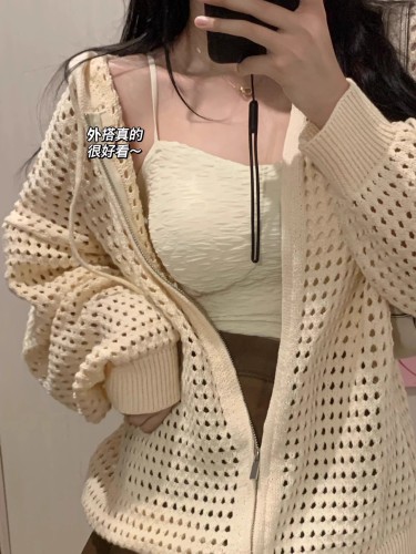 Hollow design hooded outer thin coat Korean style spring and summer lazy sweatshirt zipper knitted cardigan top for women