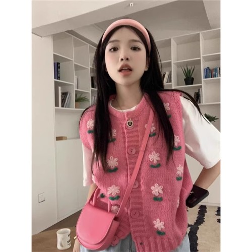 Sweet age-reducing pink knitted vest for women's outer wear spring design embroidered flowers layered sweater vest vest