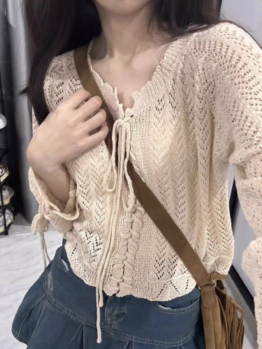 Hollow knitted sweater cardigan thin v-neck jacket women's summer new style lazy and sweet outer blouse long-sleeved top