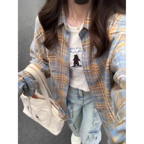 (Pure cotton original quality) 2024 new spring and autumn thin long-sleeved shirt women's plaid jacket