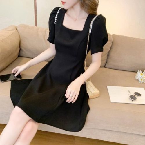 Long and short temperament dress summer 2024 new fat mm slimming French square collar puff sleeves fashionable little black dress