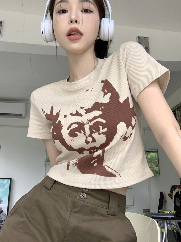 Real shot American retro avatar printed T-shirt loose slimming right shoulder short-sleeved top summer