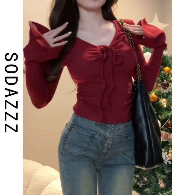 SODAZZZ pure lust style V-neck drawstring lace-up trumpet sleeve T-shirt women's design slimming bottoming shirt top