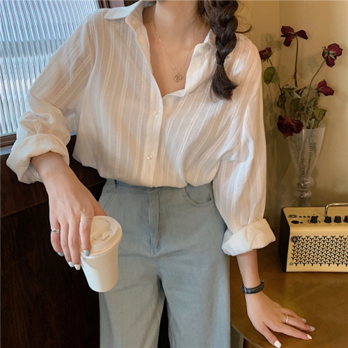 Real shot!  Korean style French style lapel shirt for women single breasted simple versatile dark striped long sleeve shirt
