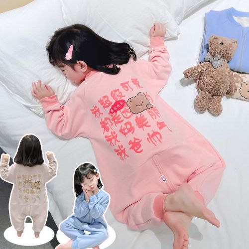 Children's one-piece pajamas, baby long-sleeved home clothes, male and female babies spring and autumn 2023 new style German velvet sleeping bag anti-kick quilt