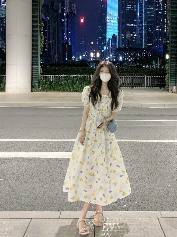 實拍#2024夏季方領泡泡袖法式收腰連衣裙少女小碎花裙子