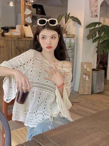 Ice silk knitted sweater for women in summer, bell sleeves, off-shoulder, hollow, loose, long-sleeved top, lazy style, thin sun protection blouse