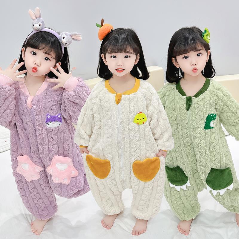 Children's winter flannel jumpsuit cartoon fashionable baby warm and thickened plush sleeping bag crawl suit for men and women
