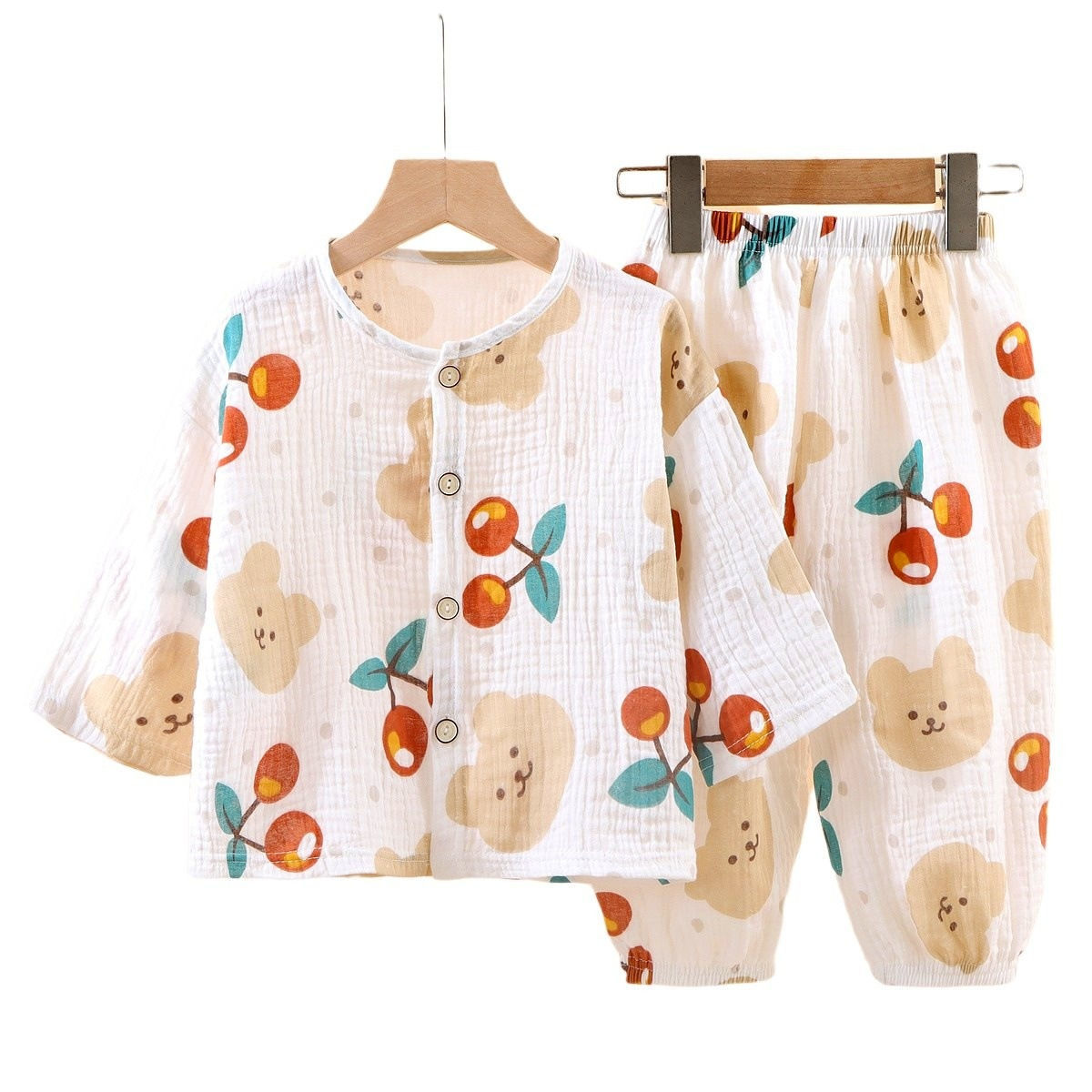 Children's Thin Double Layer Cotton Gauze Pajamas Summer Girls Home Clothes Boys Baby Long Sleeve Bloomers Set