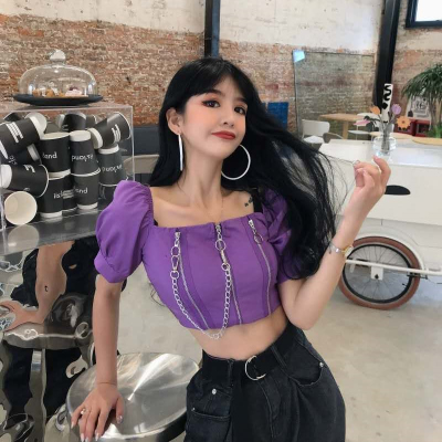 紫色新款潮港味少女鏈條拉鏈方領顯鎖骨修身短袖短款上衣t恤女裝